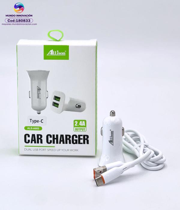 CARGADOR COMPLETO DE CARRO ALLISON ALS-A602 / DOBLE PUERTO 2.4A TIPO C