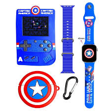 SET / COMBO 3 EN 1 KR-818 / RELOJ 41MM - CONSOLA RETRO - AUDIFONOS INALAMBRICOS CAPITAN AMERICA